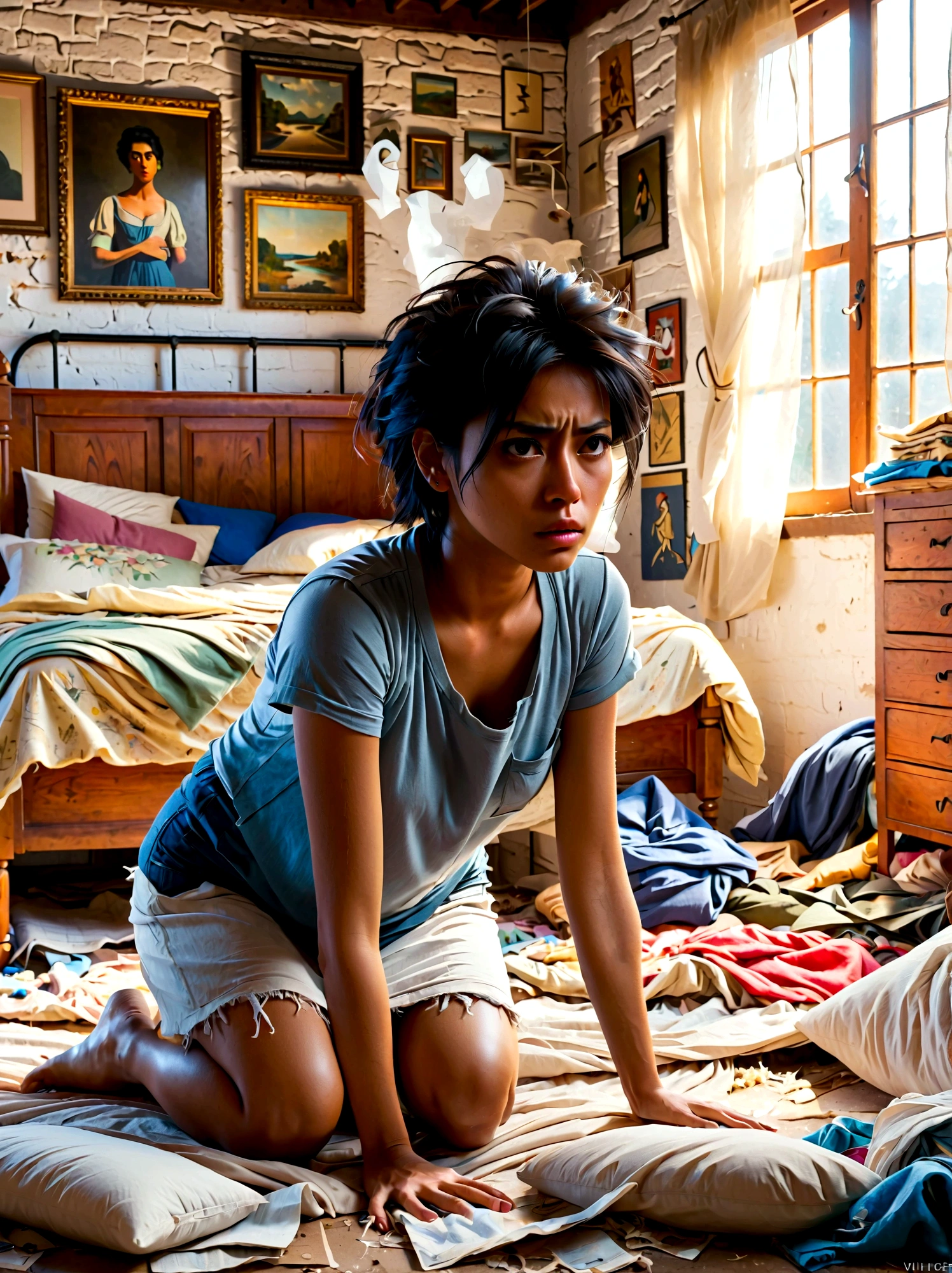 (a young girl with a disgusted expression), (Disgusted look:1.5), Messy hair, Sweating, Cleaning a messy room, dust, cobwebs, A bunch of clothes, Unmade bed, garbage on the floor, Realistic details, Realistic shadows, Realistic lighting, Natural light, Super Fine, Sharp focus, Physically Based Rendering, Extremely detailed description, major, Vivid colors