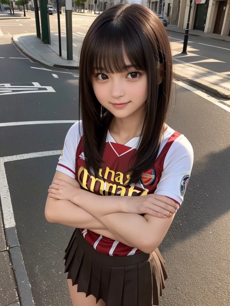 (8k, RAW Photos, highest quality, masterpiece:1.2), (Realistic, photo-Realistic:1.4), (Highly detailed 8k wallpaper), ((Full Body Shot)), (1 girl), Sharp focus, Depth of written boundary, Cinematic lighting, Soft Light, 緻密な美しさのeye, eye_Chan, Very beautiful girl, innocent big eyes, Realistic, photo Realistic, Highly detailed cute girl, (Thin thighs), (Model Body Type), 18-year-old, (((Arsenal Soccer Jersey))), ((Micro Mini Pleated Skirt)), (((Fold your arms in front of your chest and act arrogantly))), ((A happy smile)), Parted lips, Watching the audience, (On the streets of Britain) , (Brown Hair),(Long Bob Hair), (Asymmetrical bangs)