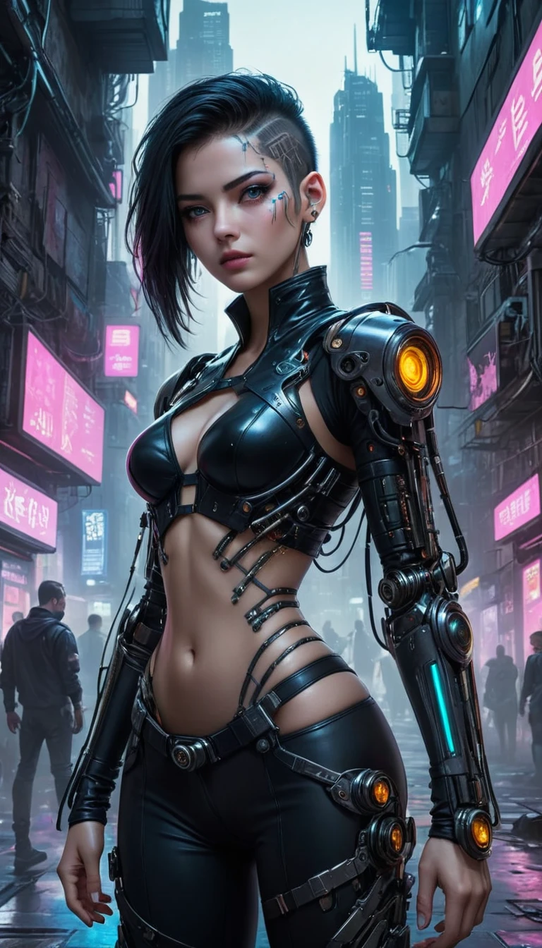 Destaca-se uma pessoa com partes do corpo mecanizadas no estilo cyberpunk. Sua pele transparente revela circuitos e cabos, enquanto seus olhos brilham com LEDs coloridos. The limbs are a mix of flesh and metal, with advanced prosthetics and cybernetic interfaces. Vestindo uma jaqueta de couro preta, The figure is set in a dystopian urban setting with decaying skyscrapers. The image represents the fusion between the human and the mechanical in the futuristic world of cyberpunk