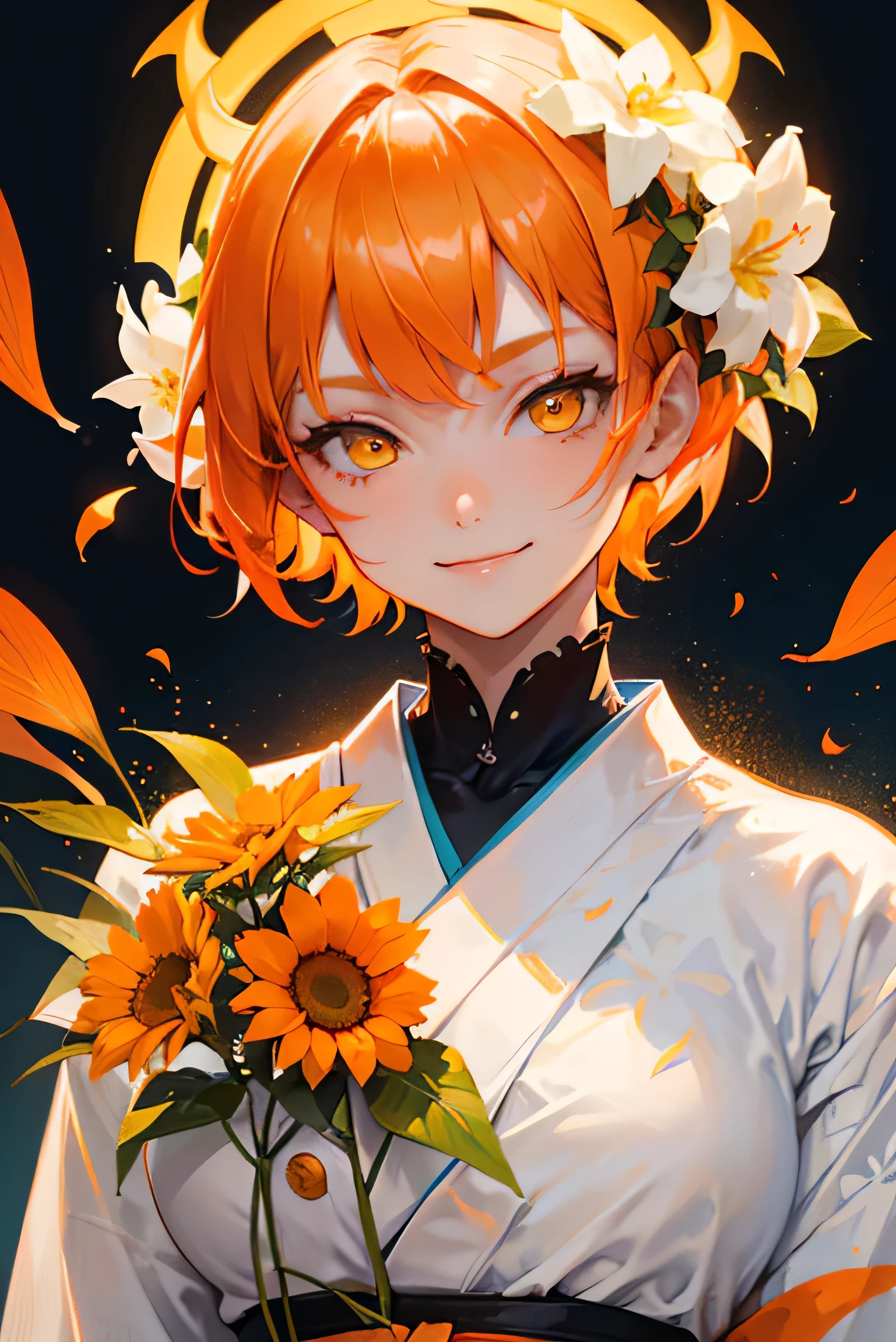 A cool adult woman wearing a white kimono、1 person、((Orange short hair))、(Yellow Eyes)、Bold Pose、Face close-up、(Colorful flowers)、cool、strong、Evil Smile、(Hell's Paradise)