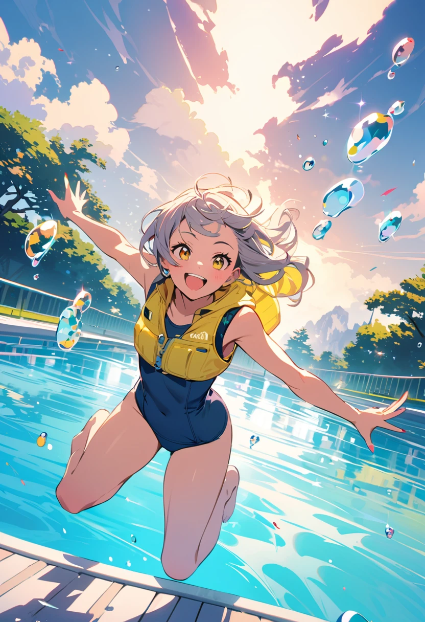 popart style, (best quality, masterpiece, ultra highres, ultra-detailed:1.2) , tween girl,girl enjoying life,((wearing a yellow life vest)) and school swimsuit,pool,floating,fantasy landscape,very happy,smile,splash effects,whole body,(bubble:1.2),(sparkle:1.2),life is best,