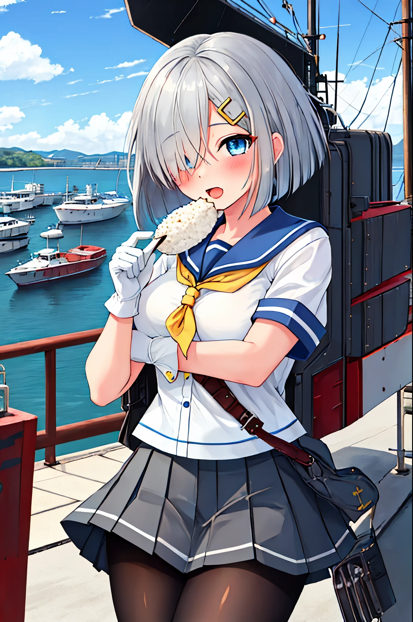 best quality, masterpiece, highres, solo, {hamakaze_kantaicollection:0.90}, 1girl, loli,younger_teen,black_pantyhose, pleated_skirt, serafuku, short_sleeves, simple_background, white_background, yellow_neckerchief, white_gloves, looking_at_viewer, grey_skirt, blush, eyes_visible_through_hair, blue_sailor_collar, dynamic_posing,long_bangs,hair_over_one_eye,harbor_school_background,outdoor,large_breasts,onigiri,riceball,girl_eating_riceball,happy,open_mouth,grab_a_riceball