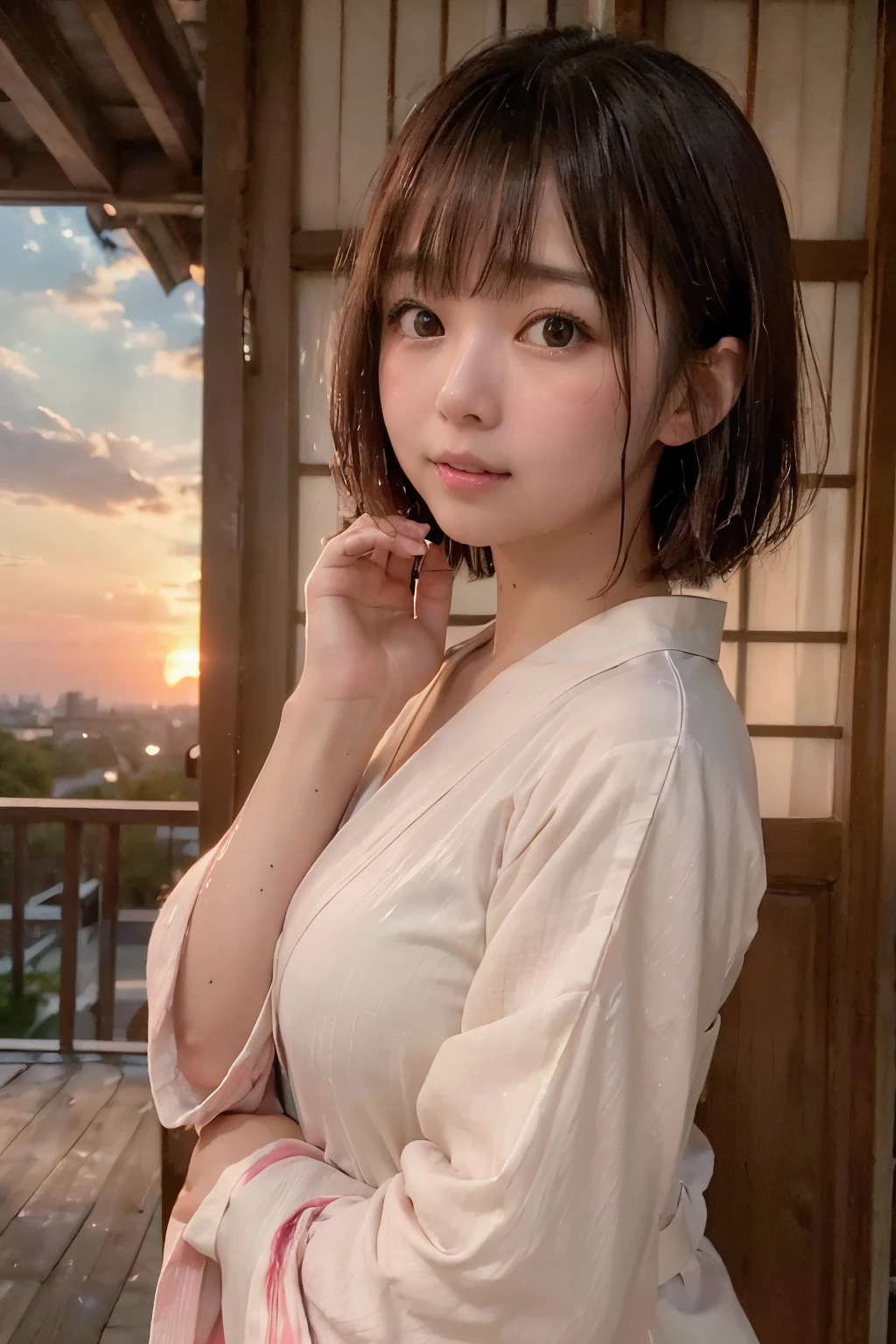 ((((1 girl looks up at the sky of the sunset glow while passing through widely spaced lattice half-opened doors)))), 
Evening, Framing Photo, 
((There are White Gravel Roads and Japanese Palaces and Japanese Temples and Japanese Shrines and Japanese Partitioned Tenement Houses and Japanese Castles in the Castle Town of the Door's background, 
Short Bob Cut, Japanese, 20-year-old girl:1.2, Light Smile, Brown Hair, Messy Hair, Wet Hair, Embarrassed, Blush, Very white skin, Very Beautiful Nape, Open Mouse Slightly:1.2, Wide-Set Eyes, Japanese Pale Red Yukata, Squirming, [With Cheeks between own Hands, Both Hands on own Face], 
from Back:2.0, from Left Side, Dutch Angle, Full Body, 
Light, Bokeh, Cinematic Lighting, Sidelighting, 
(highest quality, masterpiece, Ultra-high resolution, 8K, RAW Photos, Realistic, Anatomically correct:1.5)