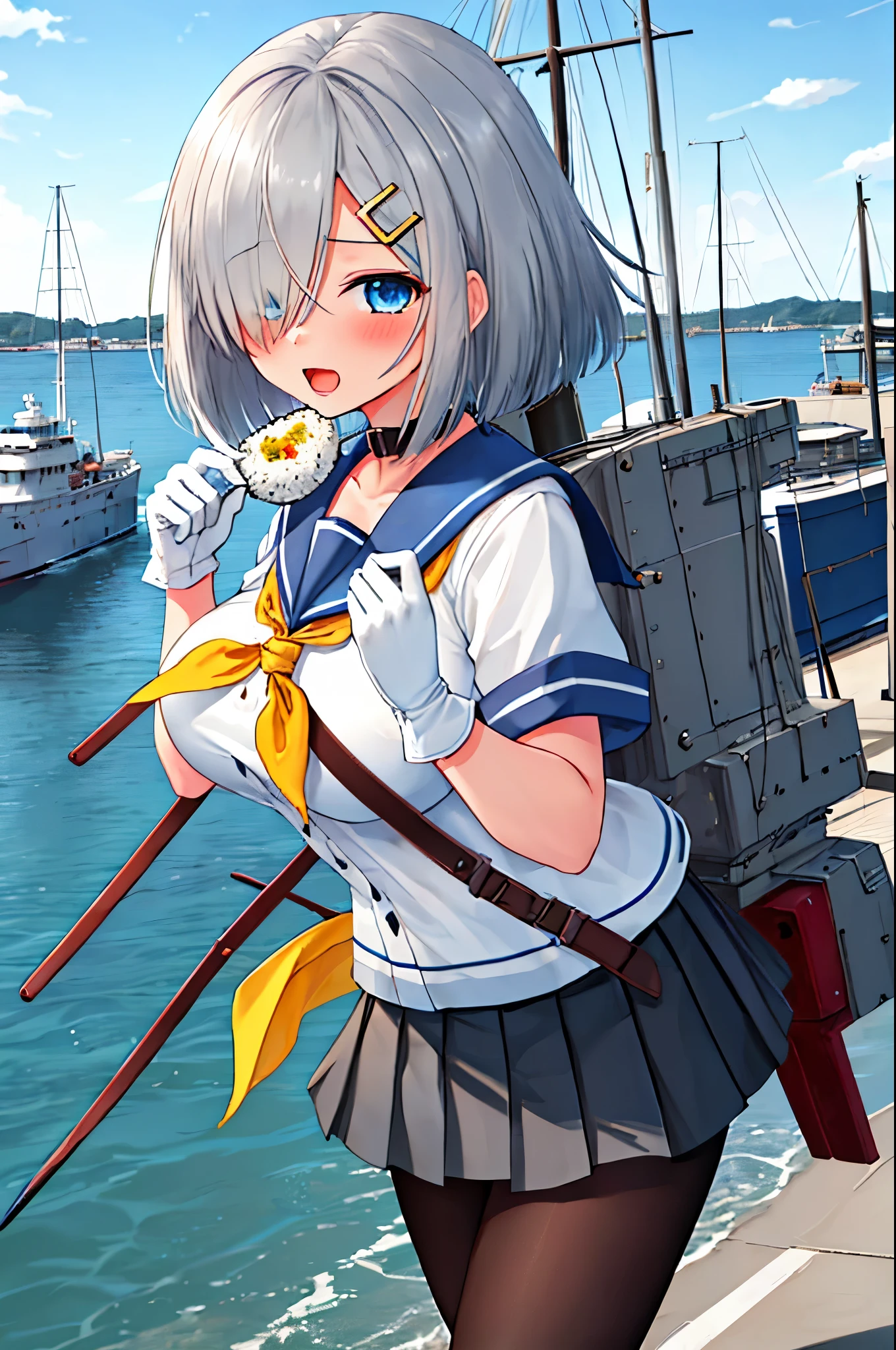 best quality, masterpiece, highres, solo, {hamakaze_kantaicollection:0.90}, 1girl, li,younger_telack_pantyhose, pleated_skirt, serafuku, short_sleeves, simple_background, white_background, yellow_neckerchief, white_gloves, looking_at_viewer, grey_skirt, blush, eyes_visible_through_hair, blue_sailor_collar, dynamic_posing,long_bangs,hair_over_one_eye,harbor_school_background,outdoor,large_breasts,onigiri,riceball,girl_eating_riceball,happy,open_mouth,grab_a_riceball