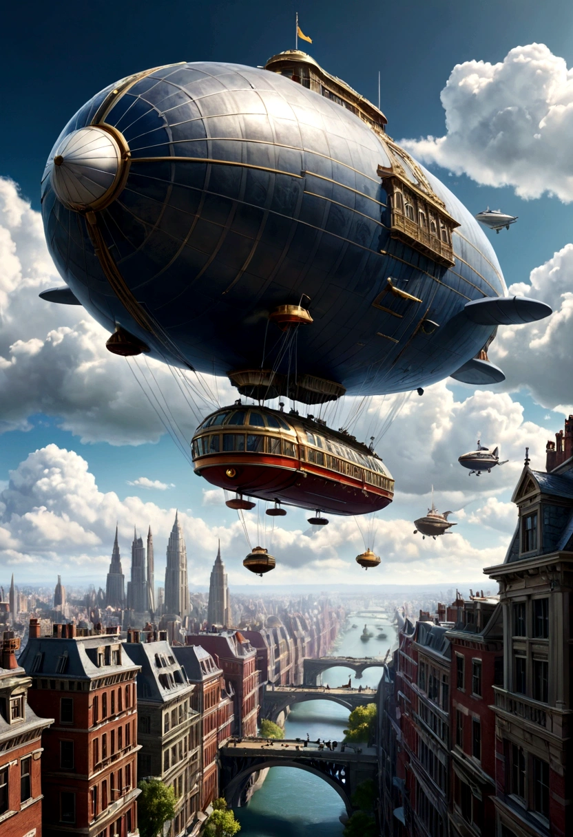 Photorealistic
Panoramic view of the city in the sky: "A giant city in the sky.
A huge city floating in the sky. A spectacular scene of beautiful buildings surrounded by white clouds and airships flying around it.