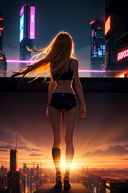 Silhouette of a cute skinny girl looking out at the big scifi neon city,Backlit,blonde long hair,cyberpunk,night,tank top,windy,bird’s eye view,wide angle,long shot,parfect body,from behind