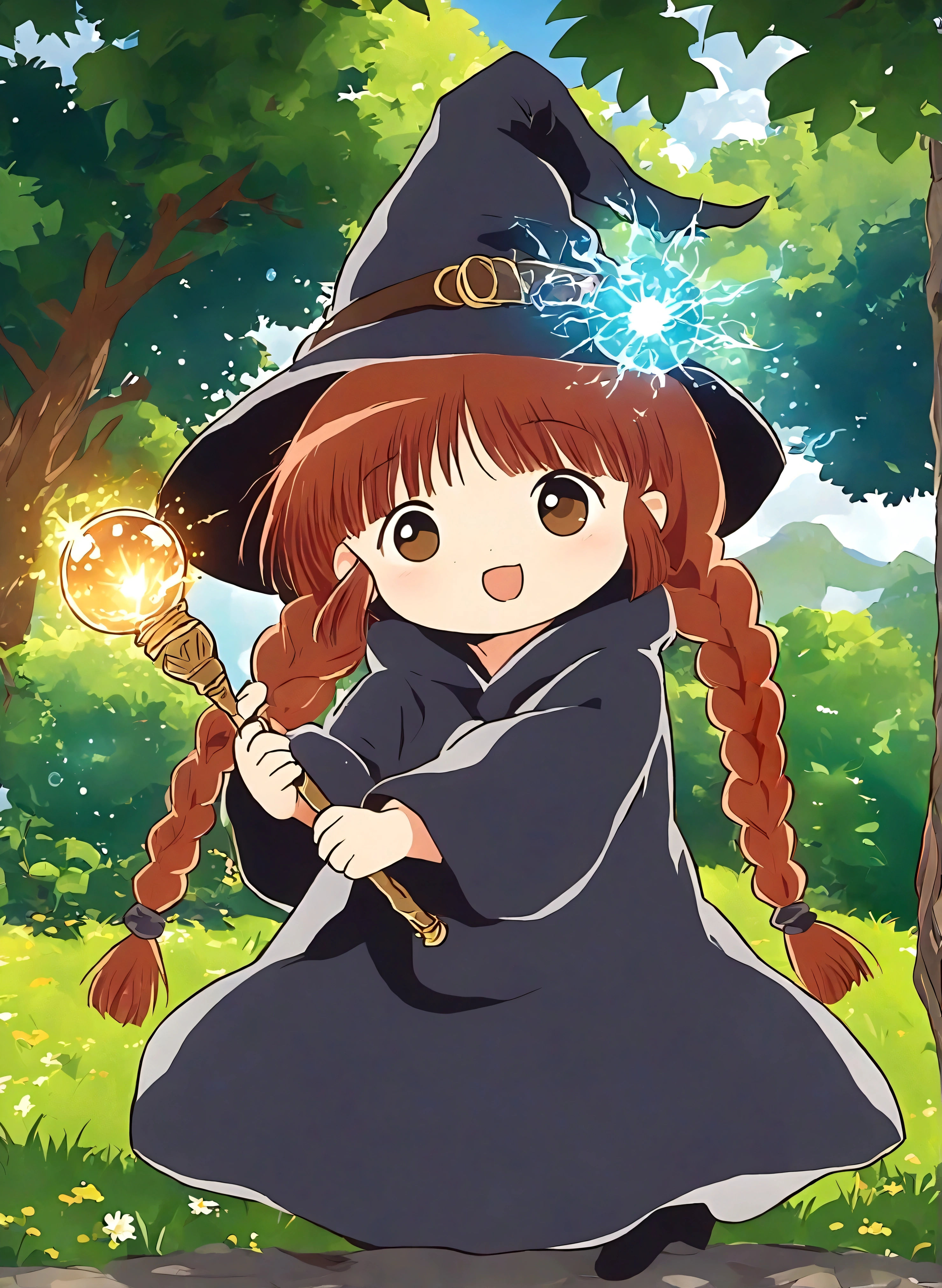 Brown double braids、, Cute anime style Hagrid, a young witch, Anime cute art style, Marisa Kirisame, Witch Girl, Anime Characters, as an Anime Characters, Possess magical powers, young wizard, A different world, Holding a magic wand（8K）（HD）（（best quality））， （（Intricate details））， （（Surrealism））