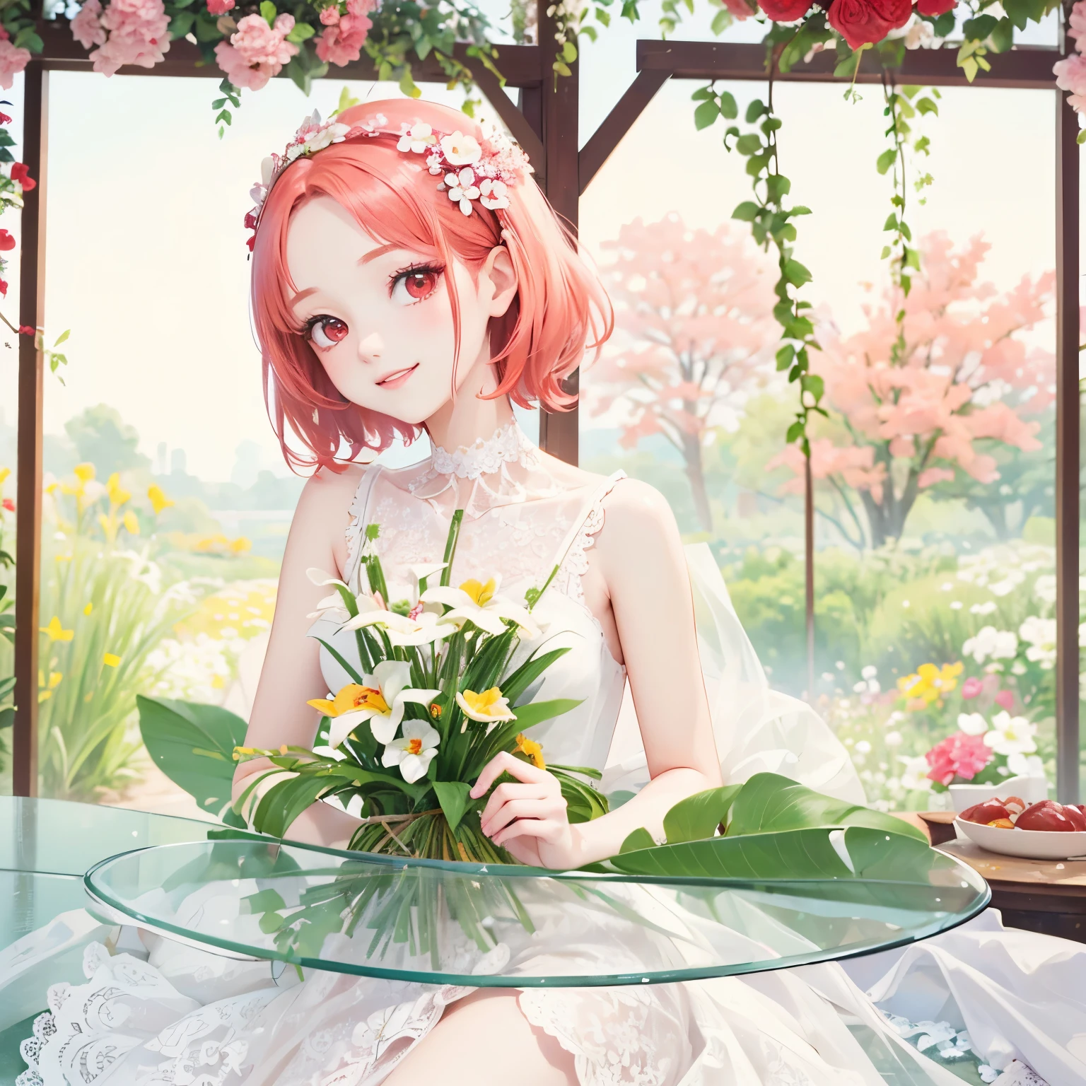 ((highest quality)), ((masterpiece)), (detailed), Perfect Face, , young, girl, pale red hair, Bob Hair, Red eyes, Iris Dress, Flowers, pink Flowers, Happy, sunny,  White lace choker, romantic, A kind smile,, Portraiture, flat, ribbon、chest、skin、garden、bouquet