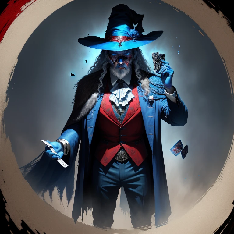 A wizard closeup of a man with blood on his face and a gun in his hand, Arte do Terror de fantasia, sombria, Arte de terror elegante, Arte do Terror 4k detalhada, conto de fadas de terror, arte estilo fantasia sombria, (((Flying Cards))) ((roupa azul))