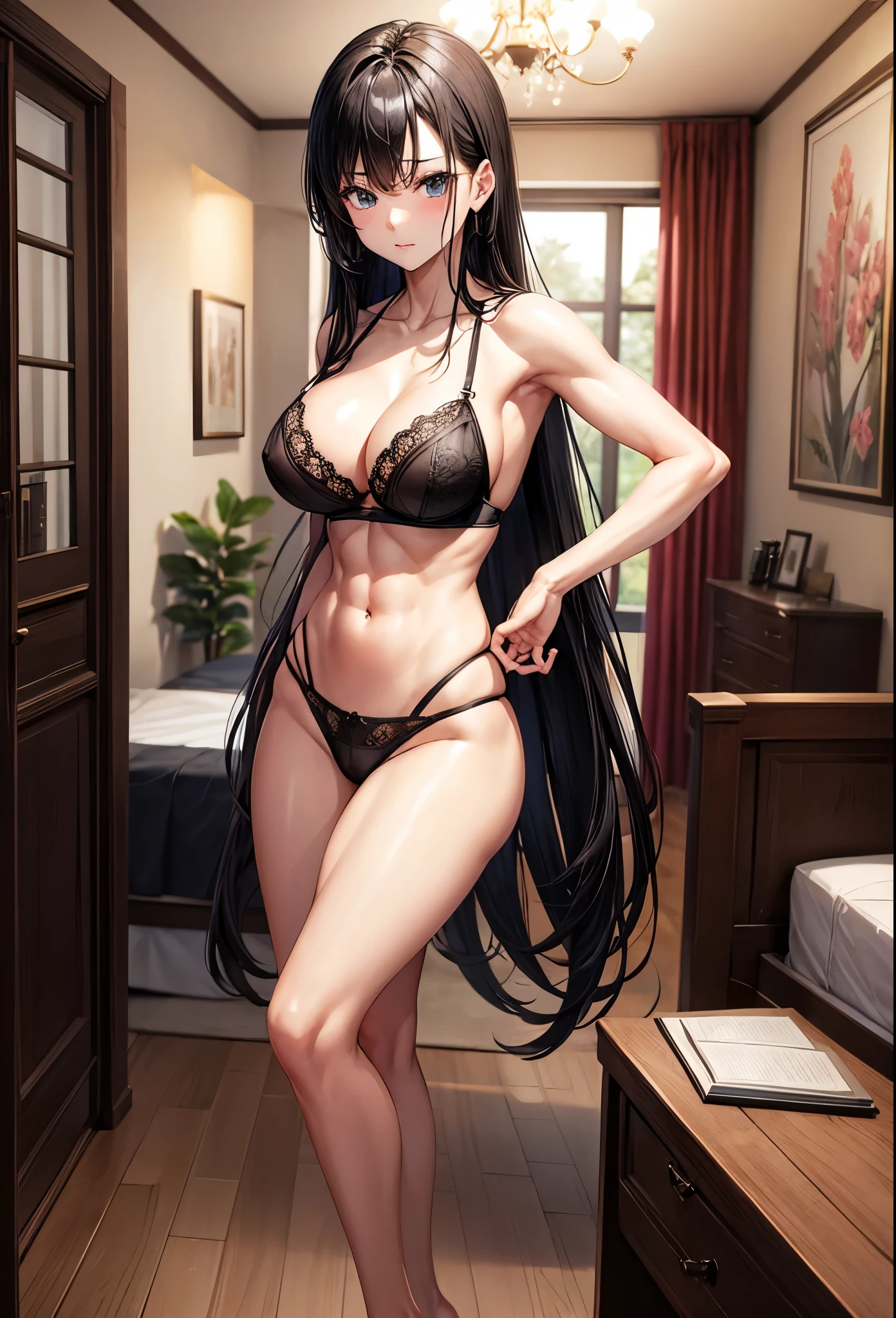 beautiful girl、Big Breasts、Black Hair、Long Straight、Great style、Nice body、Abdominal muscleuscular、Bedroom、indoor、Are standing、Front-opening lingerie、Feeling embarrassed