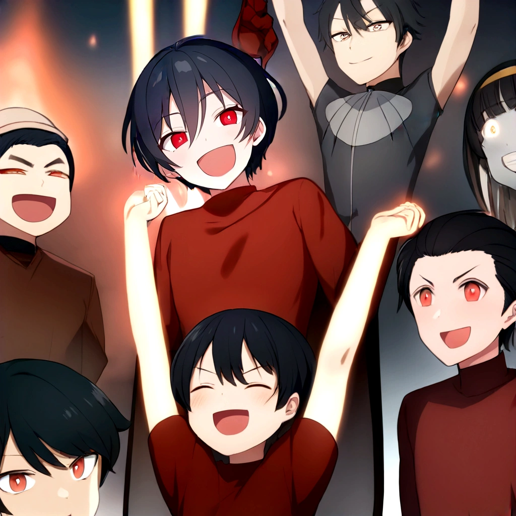 Red jersey　whole body　Laughing anime boy with red eyes and black hair, His eyes are glowing red, [[[[smile wickedly]]]], His eyes were glowing red, gapmoe yandere, Eyes completely red、lack of pupils, Okikata Kazuto, Male Anime Characters, Red eyes glow, Laughing lasciviously, With eyes that glow red