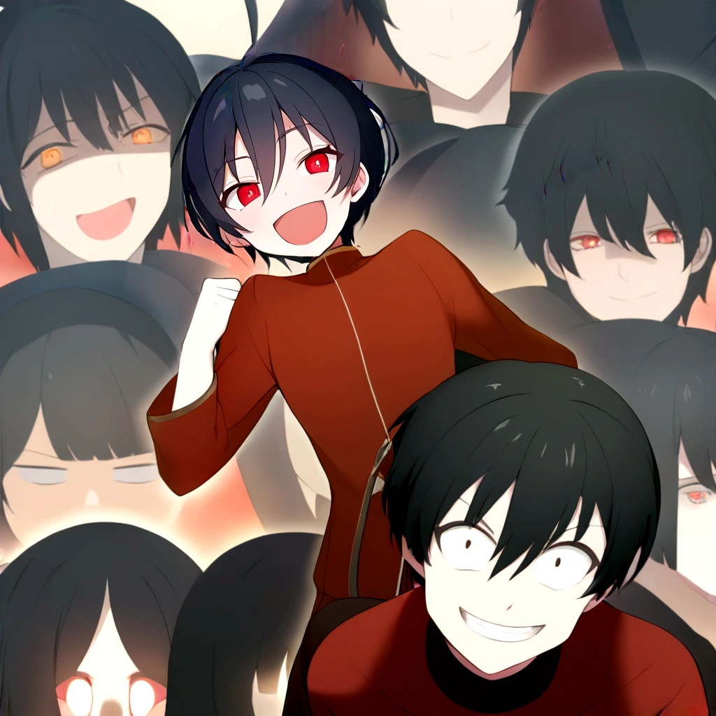 Red jersey　whole body　Laughing anime boy with red eyes and black hair, His eyes are glowing red, [[[[smile wickedly]]]], His eyes were glowing red, gapmoe yandere, Eyes completely red、lack of pupils, Okikata Kazuto, Male Anime Characters, Red eyes glow, Laughing lasciviously, With eyes that glow red