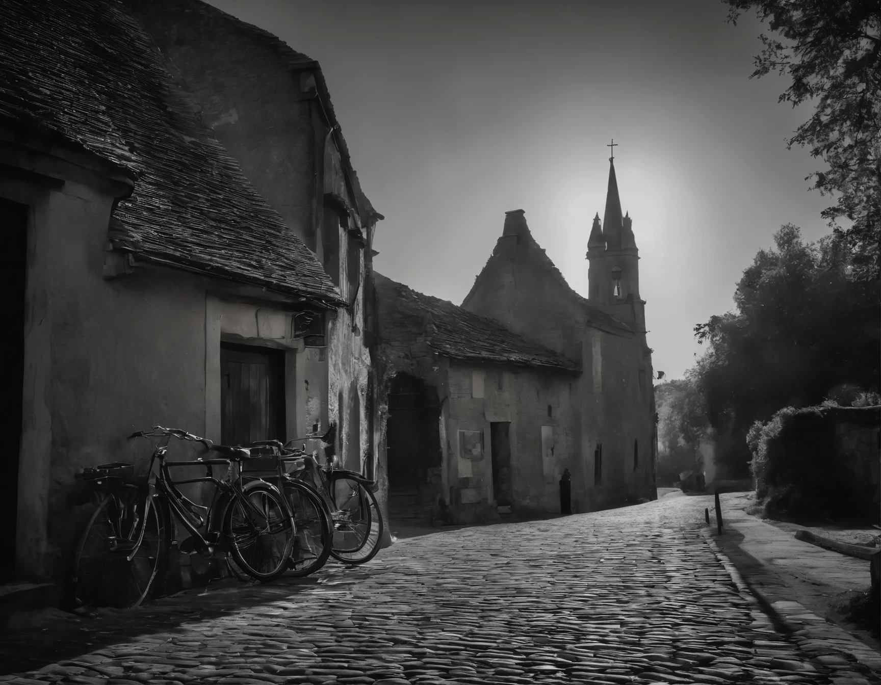 Black and White photography, In a moonlit French village, ancient stone buildings cast haunting silhouettes under a star-filled sky. A vintage bicycle rests on the corner of the cobblestone streets, bathed in the eerie glow of gas lamps. The nostalgic scene merges with twilight magic, showcasing old-world charm and cosmic allure in hyper-detailed, cinematic style, capturing luminous accents and spectral saturation, cinematic still, in the style of film noir.