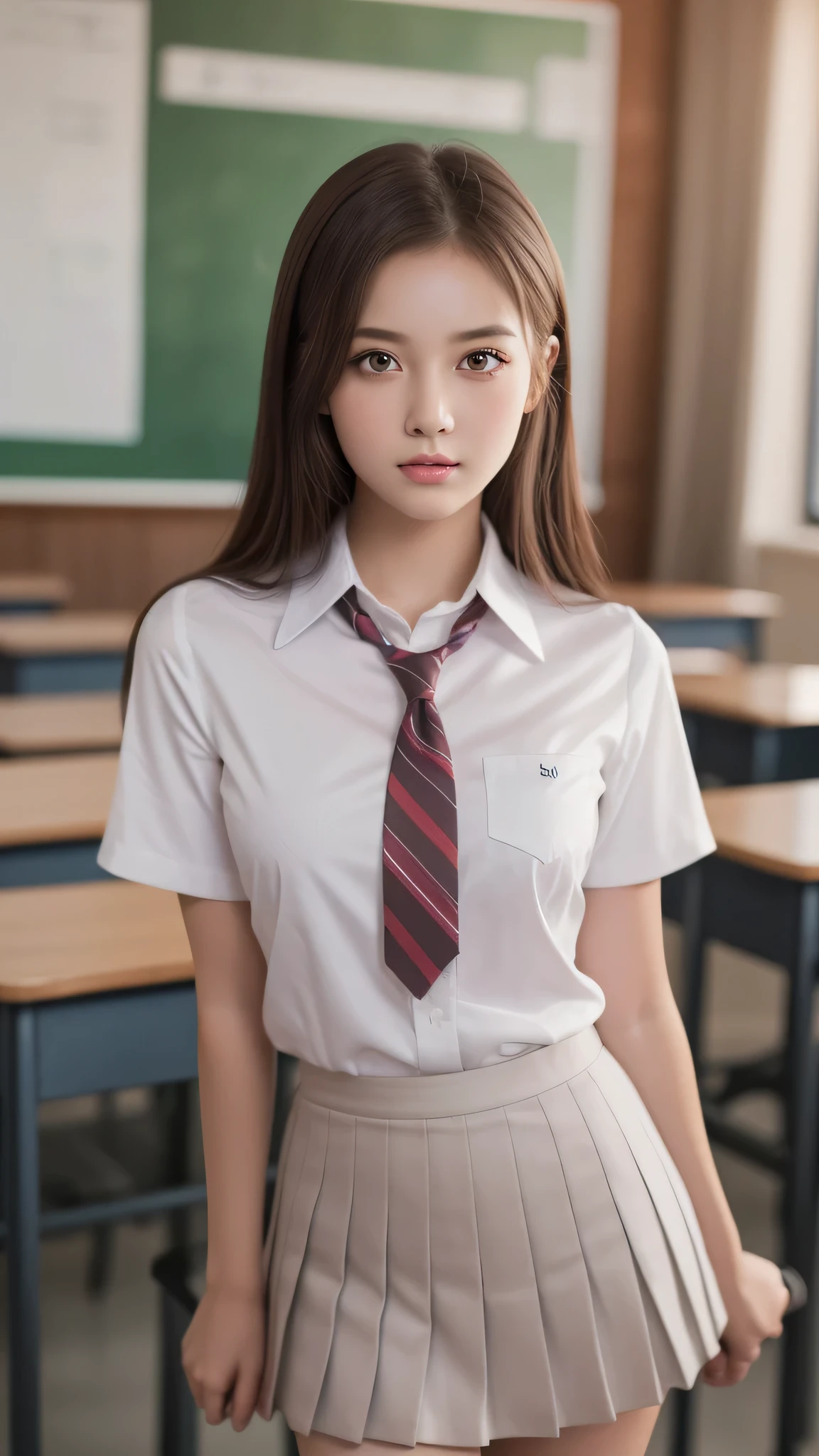 (1girl), (highly detailed face), Amazing face and eyes, (Best Quality:1.4), (Ultra-detailed), (extremely detailed CG unified 8k wallpaper), Highly detailed, High-definition raw color photos, Professional Photography, Realistic portrait, Amazing face and eyes, Pink eyes, (hi-school uniform, pleated mini skirt:1.3), brown hair, model, depth of fields, School, classroom,