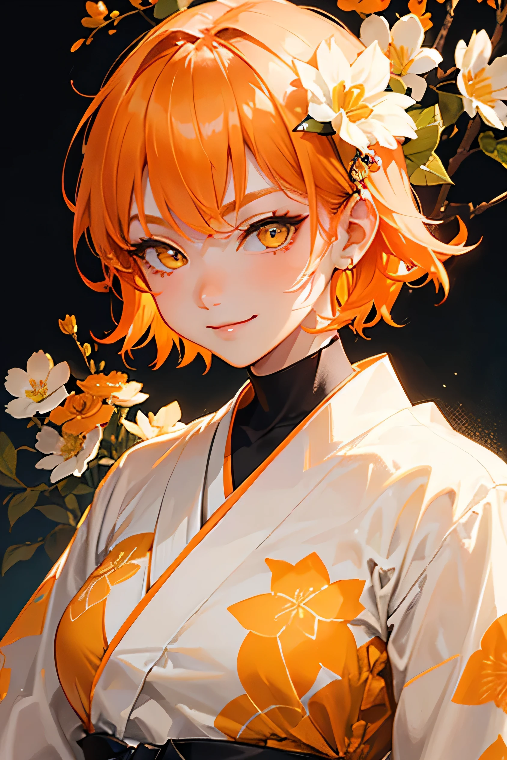 A cool adult woman wearing a white kimono、1 person、((Orange short hair))、(Yellow Eyes)、Bold Pose、Face close-up、(Colorful flowers blooming々Background)、cool、strong、Evil Smile、(Hell's Paradise)