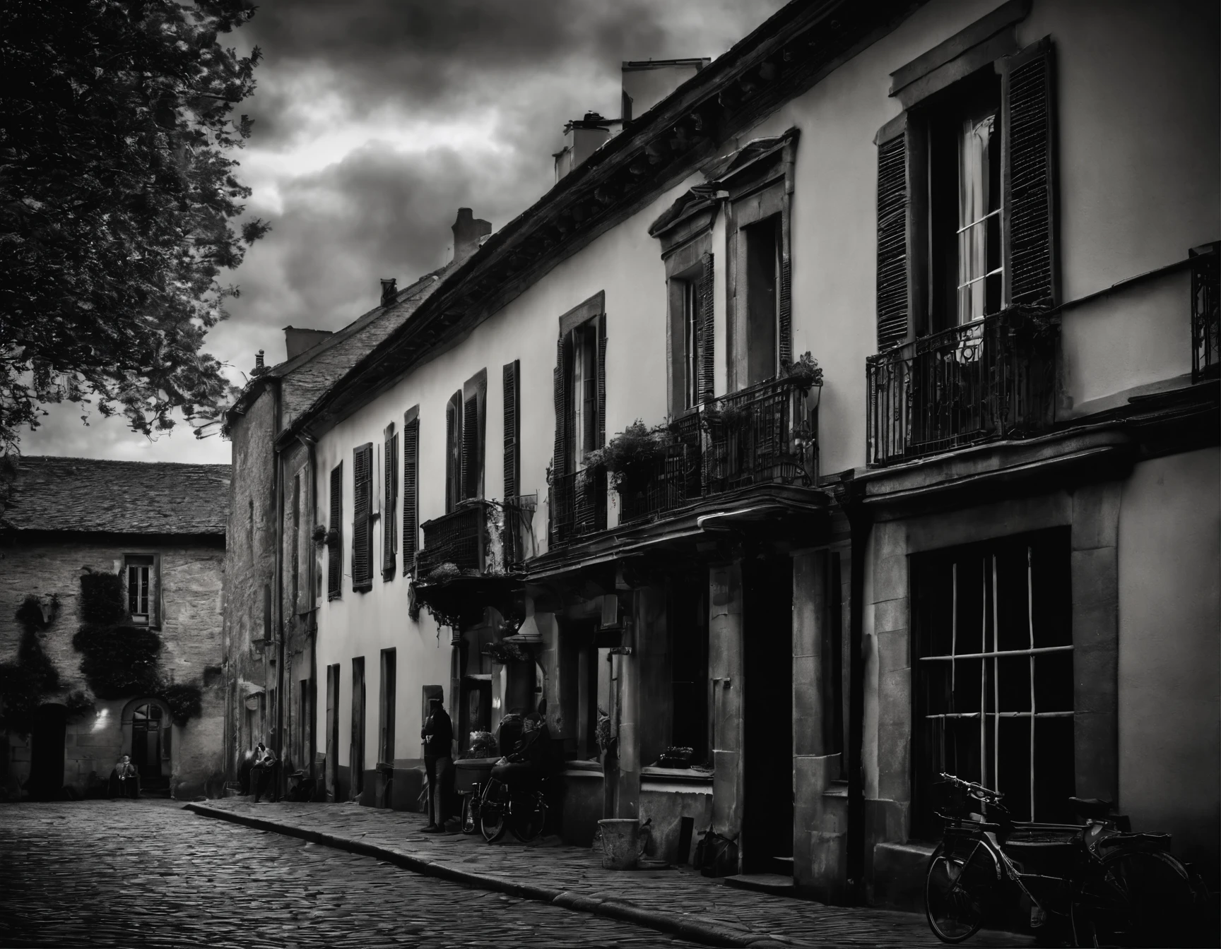 Black and White photography, In a moonlit French village, ancient stone buildings cast haunting silhouettes under a star-filled sky. A vintage bicycle rests on the corner of the cobblestone streets, bathed in the eerie glow of gas lamps. The nostalgic scene merges with twilight magic, showcasing old-world charm and cosmic allure in hyper-detailed, cinematic style, capturing luminous accents and spectral saturation, cinematic still, in the style of film noir.