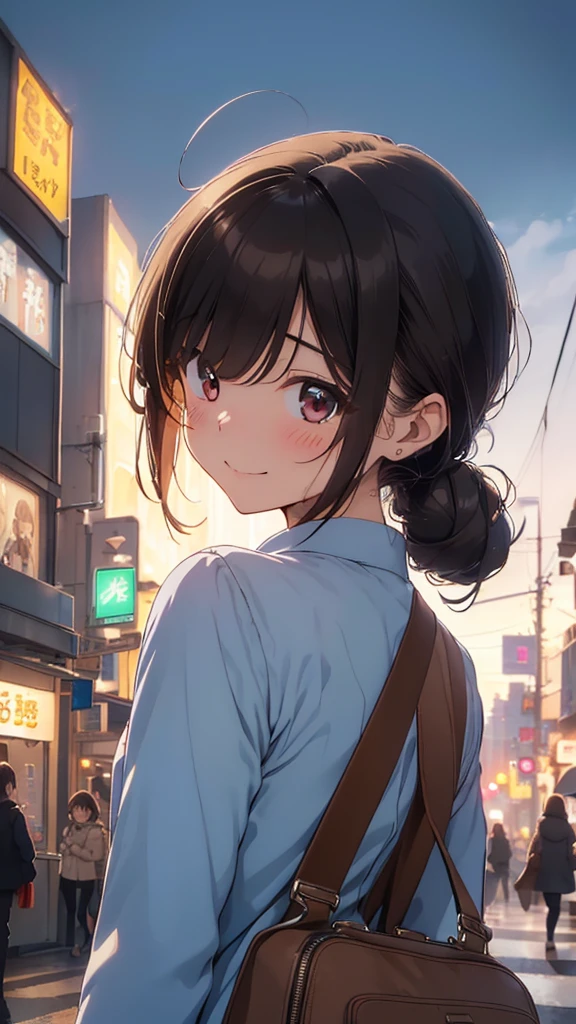 (Woman close up)、((Depiction of the upper body))、((20-year-old female))、((Smile))、((Hair tied back、Brown Hair))、((Blushing))、((Open your mouth a little、High resolution、32K))、((Duffle coat))、((Late Night City、neon))