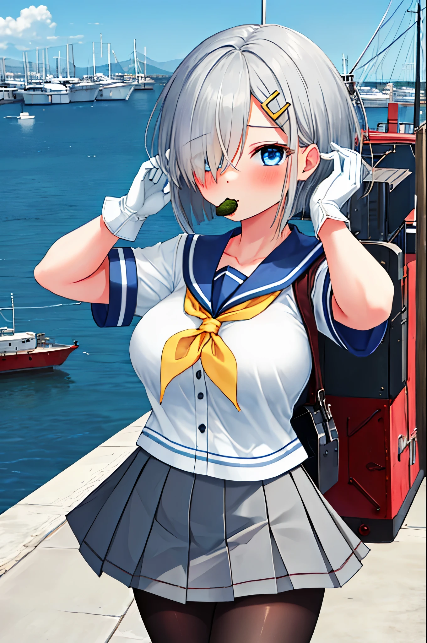 best quality, masterpiece, highres, solo, {hamakaze_kantaicollection:0.90}, 1girl, li,younger_telack_pantyhose, pleated_skirt, serafuku, short_sleeves, simple_background, white_background, yellow_neckerchief, white_gloves, looking_at_viewer, grey_skirt, blush, eyes_visible_through_hair, blue_sailor_collar, dynamic_posing,long_bangs,hair_over_one_eye,harbor_school_background,outdoor,large_breasts,onigiri,riceball,girl_eating_riceball,grab_a_riceball