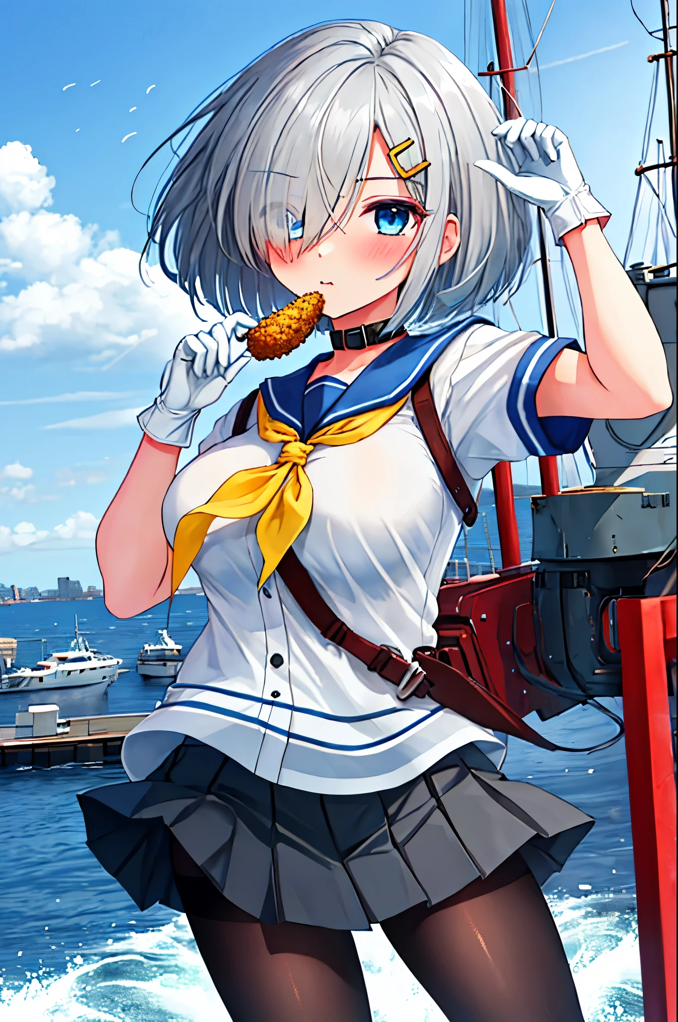 best quality, masterpiece, highres, solo, {hamakaze_kantaicollection:0.90}, 1girl, li,younger_telack_pantyhose, pleated_skirt, serafuku, short_sleeves, simple_background, white_background, yellow_neckerchief, white_gloves, looking_at_viewer, grey_skirt, blush, eyes_visible_through_hair, blue_sailor_collar, dynamic_posing,long_bangs,hair_over_one_eye,harbor_school_background,outdoor,large_breasts,onigiri,riceball,girl_eating_riceball,grab_a_riceball