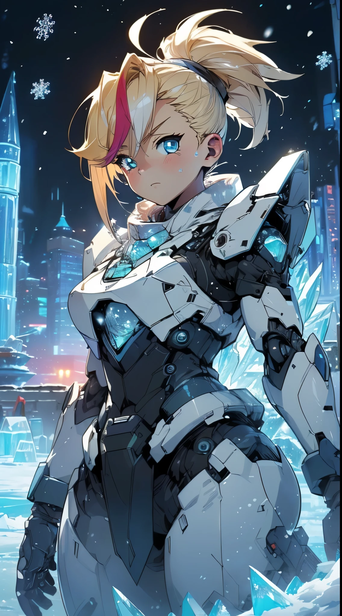 top-quality、Top image quality、masterpiece、Android Girl((blue mechanic body、sixteen years old、teen ager、White Mechanical Body、Best Bust、big bast,Beautiful light blue eyes、Breasts wide open, a blond、A slender,Large valleys、dye one's cheeks red、Leaning forward、has a blade of ice、White breath、have an ice gun、Reflecting the whole body)),hiquality、Beautiful Art、Background with((Fantastic world、Ice Burn City at night、snowflakes falling、Heavy snow falls、snowman、ice tower)))、masutepiece、depth of fields,