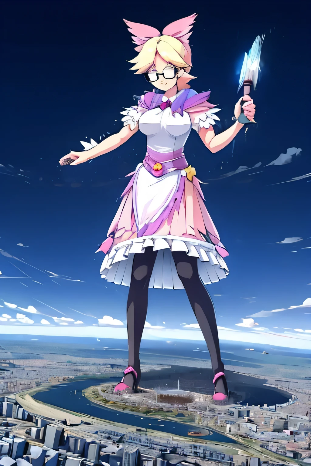 giantess art, highly detailed giantess shots, giantess, Two legs, Five fingers, A beautiful girl who is bigger than a skyscraper, Wearing rimless glasses, smile, huge breasts, blue as the base with some white magical girl dress, bow, magical girl, holding a magical wand, black pantyhose, blue stiletto heels, thunderbolt from a magical wand, Destroying cities, Under heavy attack but unharmed, A very small big city, Miniature metropolis, Full body description, GTS, giga giantess, stomping city, crash city, tiny city, micro city, pantyhose feet, High resolution, highest quality, masterpiece, peeing self, 