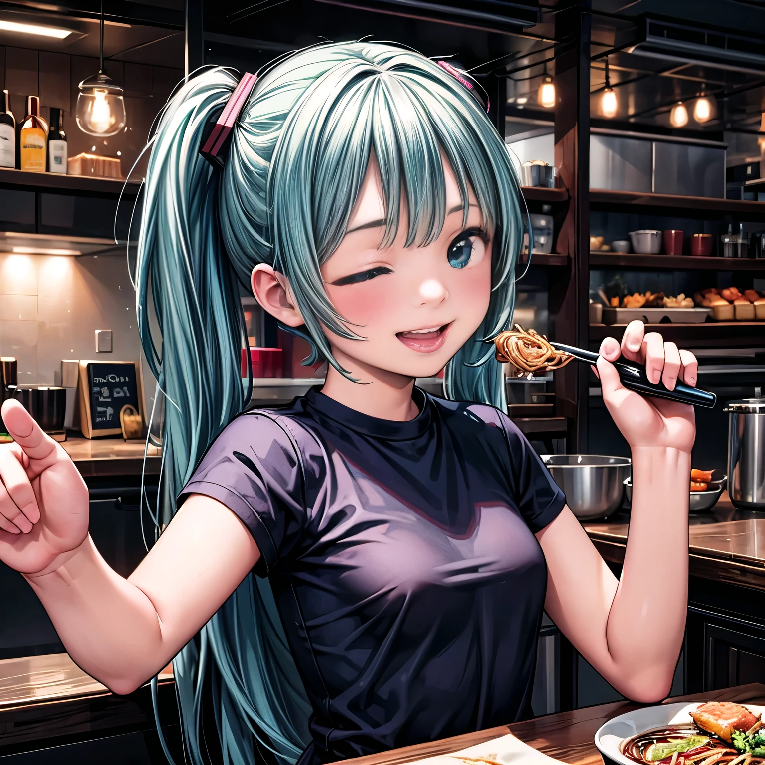 (masterpiece、highest quality、highest quality、Official Art、Beautiful and beautiful:1.2)、(One girl:1.3)Hatsune Miku、Twin tails,Beautiful breasts,8K, ultra detailed, (realistic:1.2), masterpiece, 30yo, A woman wearing a black T-shirt and a white bandana on his head, (laugh:1.5), Ramen restaurant kitchen, standing