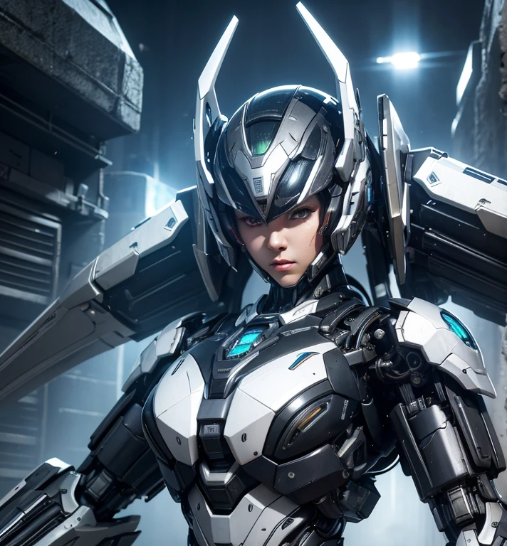  Super detailed, advanced details, high quality,  High resolution, 1080p, hard disk, beautiful,(Humanoid Weapons),A powerful cyborg woman, sleek and futuristic, with advanced mechanical augmentations that enhance her strength and capabilities,Capture the big picture,beautiful,Mecha cyborg girl,battle mode,Mecha body girl,She is wearing a futuristic war machine weapon mecha