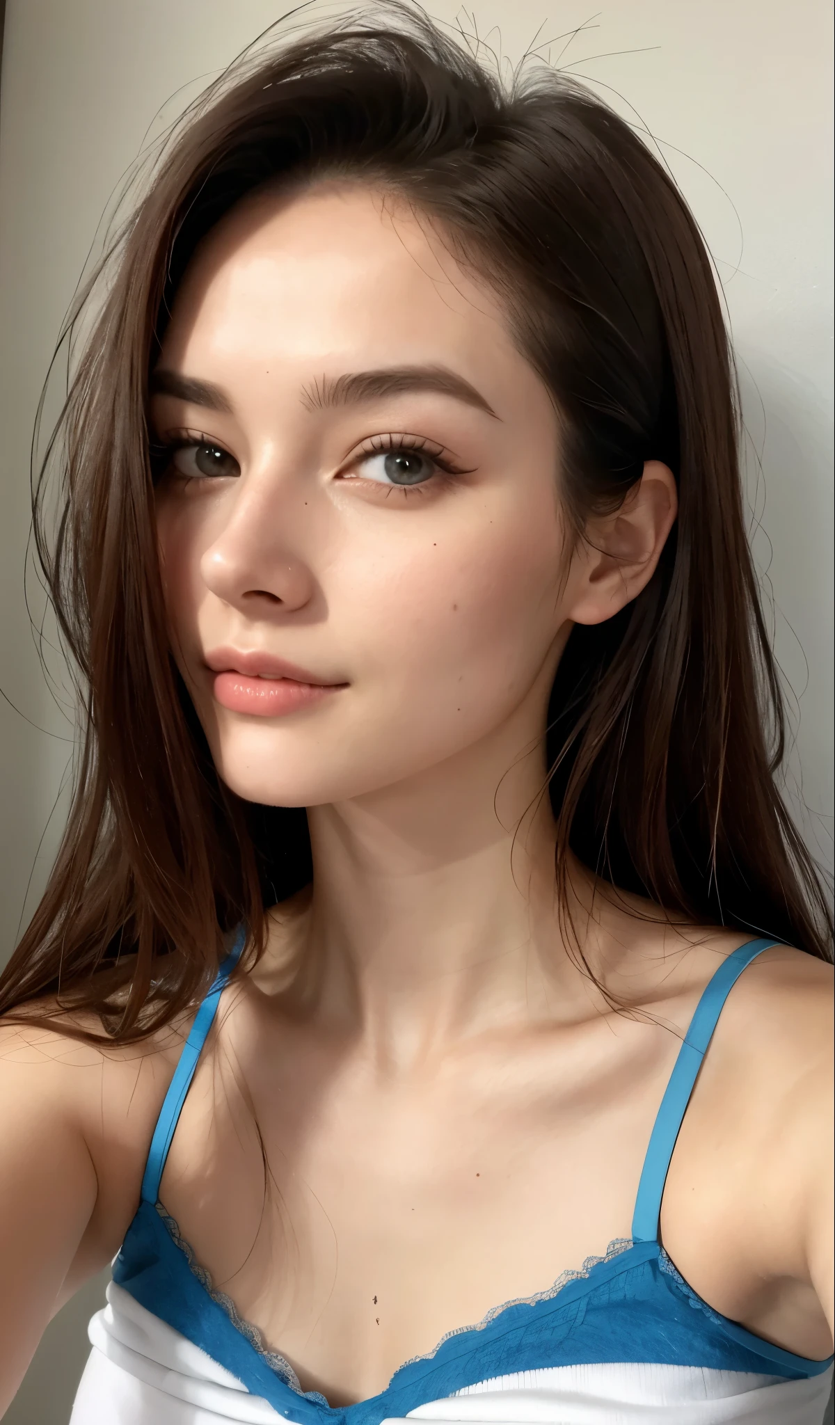 Close-up of a woman wearing a blue bra top taking a photo, Portrait of Sophie Mudd, 18-year-old, 非常にBeautiful Face, 2 4-year-old female model, Young woman taking a selfie, Very cute face, 19-year-old girl, Gorgeous young model, Gorgeous and attractive face, Perfect Face ), Very cute model, Beautiful Face