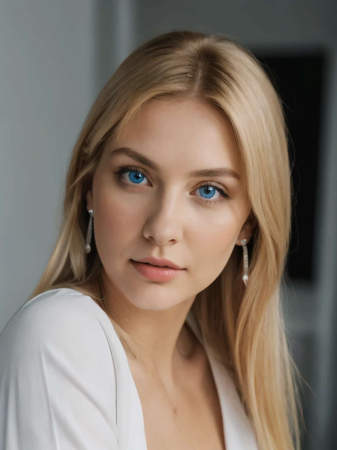 Photo of a blonde, a long nose, Blue kind eyes, photo directly, plump lips, stud earrings with diamonds, Slavic nationality, bright skin, ,hair below shoulders, slim, medium breasts, beautiful buttocks, tall, kind and smart, concentrated face, face close up, Ultra HD, Super Detail, full length photo, wearing a white shirt and gray jeans, looks straight into the camera 

