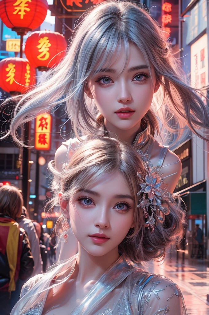 highest quality、8k Masterpiece、ultraA high resolution、(Photorealistic:1.3)、RAW Photos、1 girl、Silvery white hair、Glowing Skin、1. Super-beautiful Cyberpunk Soldiers、((Ultra-Realistic Details))、Portrait、Global Illumination、Shadow、Octane Rendering、8k、Super sharp、Metal、Cold colors、Very intricate details、Realistic Light、CGSoation Trend、Beautiful and shining eyes、Beautiful breasts、To the camera、Neon Details、Landscapes of unimaginable beauty、100Light of red lanterns、Swirl、Ninja in the center、female、sexy