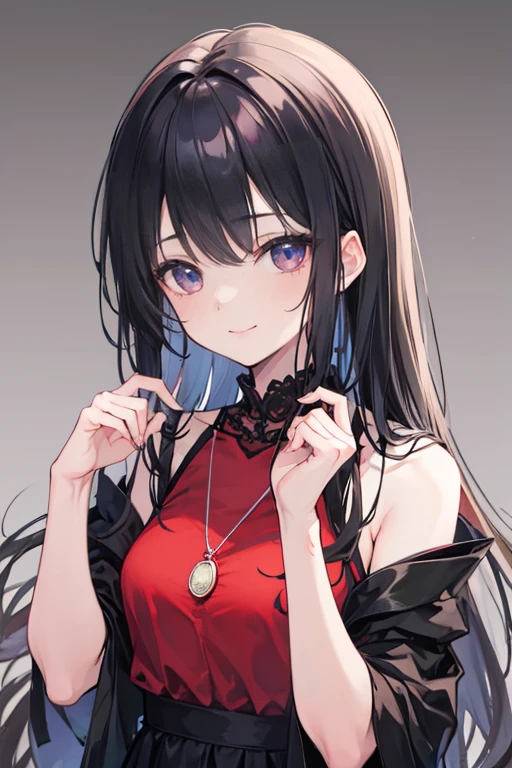 One girl, by Kayahara, smile, Long Hair, Dark dress, Upper Body, Red pendant