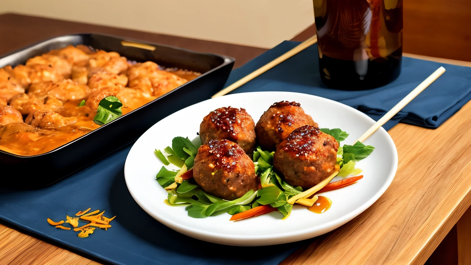duck meatballs,Enhance styling,illustration graphics,poster design,The overall design is handled in a flat illustration style,Enhance details,Detailed processing,On a lacquered table,With chopsticks