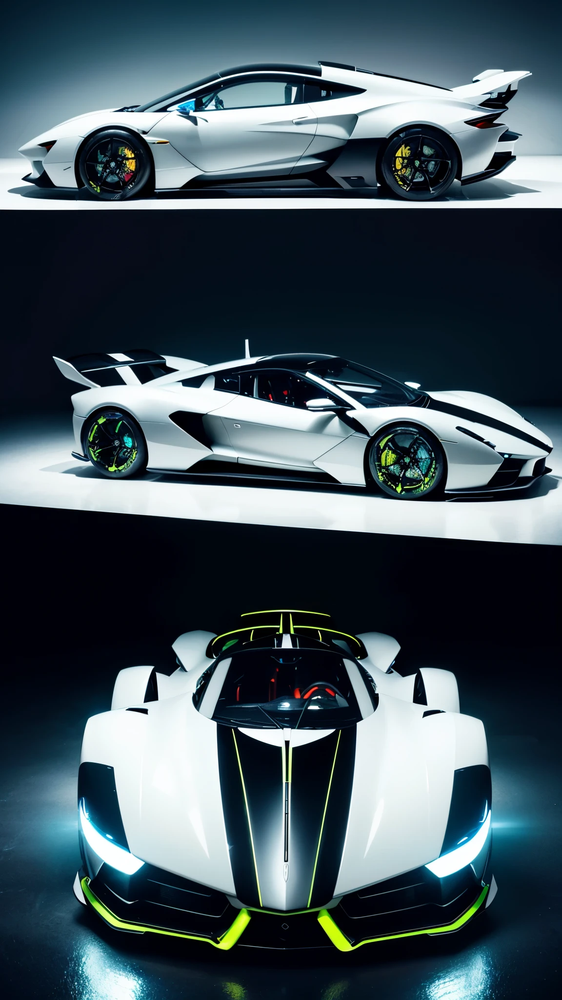 a futuristic supercar, highly detailed, intricate and complex design, shiny metallic body, glowing neon accents, advanced aerodynamic features, cutting-edge technology, sleek and streamlined silhouette, powerful engine, gull-wing doors, holographic displays, artificial intelligence-powered controls, photorealistic, cinematic lighting, dramatic camera angle, 8k, hyper-detailed, concept art style