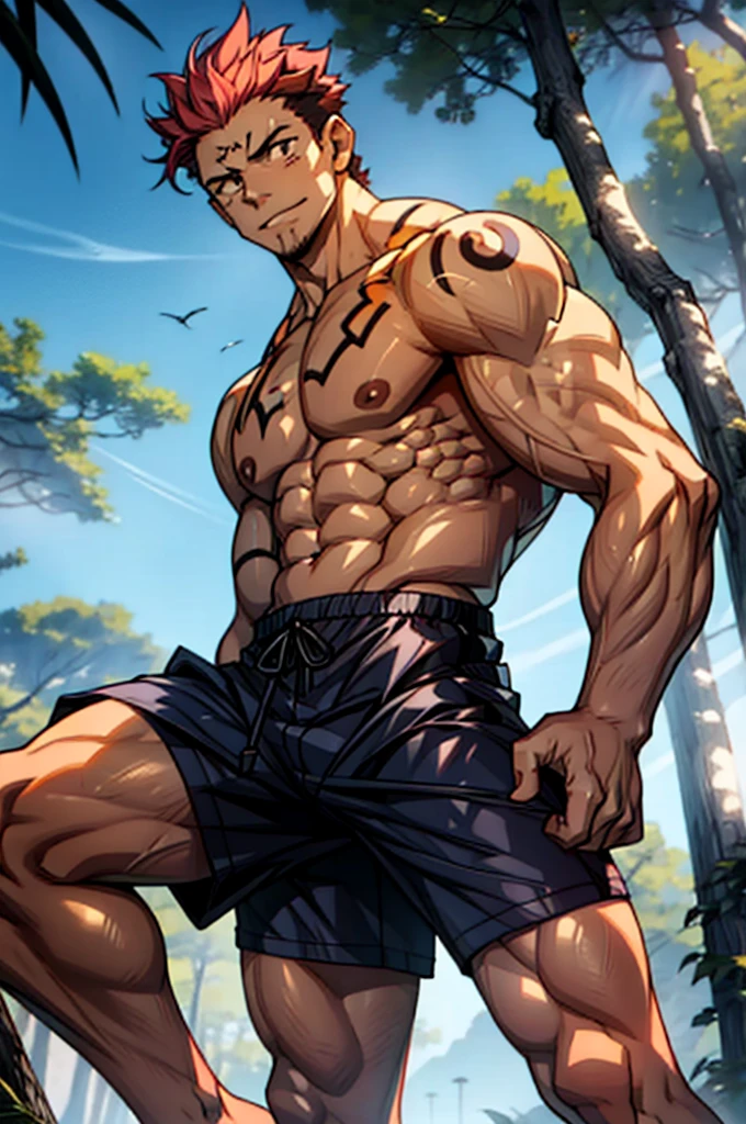 (canto da foto de baixo para cima) (imagem da mais alta qualidade) Lion man ,real, jovem, , vestindo shorts, virilha saliente, imagem de anime, Leaning against a tree, pernas bem abertas, male face, bonito rosto jovem, cabelo subcortado, huge muscle muscles of the chest, large strong thigh muscles, Biceps Sinewy muscles, Corpo enorme, corpo tonificado devido ao treinamento intenso, Well-developed muscles, ABS transparente de 8 embalagens, 3 metros de altura, topless, , pele brilhante, rede de suor pingando, hands on thighs, bare feet, Sem barba，Thick Legs，