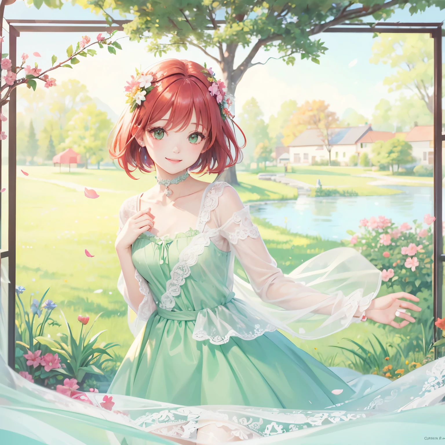 ((highest quality)), ((masterpiece)), (detailed), Perfect Face, , young, girl, Red Hair, Bob Hair, Green Eyes, Iris Dress, Flowers, pink Flowers, Happy, sunny, Green Grass, Grass, White lace choker, romantic, A kind smile, View your audience, Portraiture, flat, ribbon、chest、skin、garden、bouquet、swaying on the surface of the water