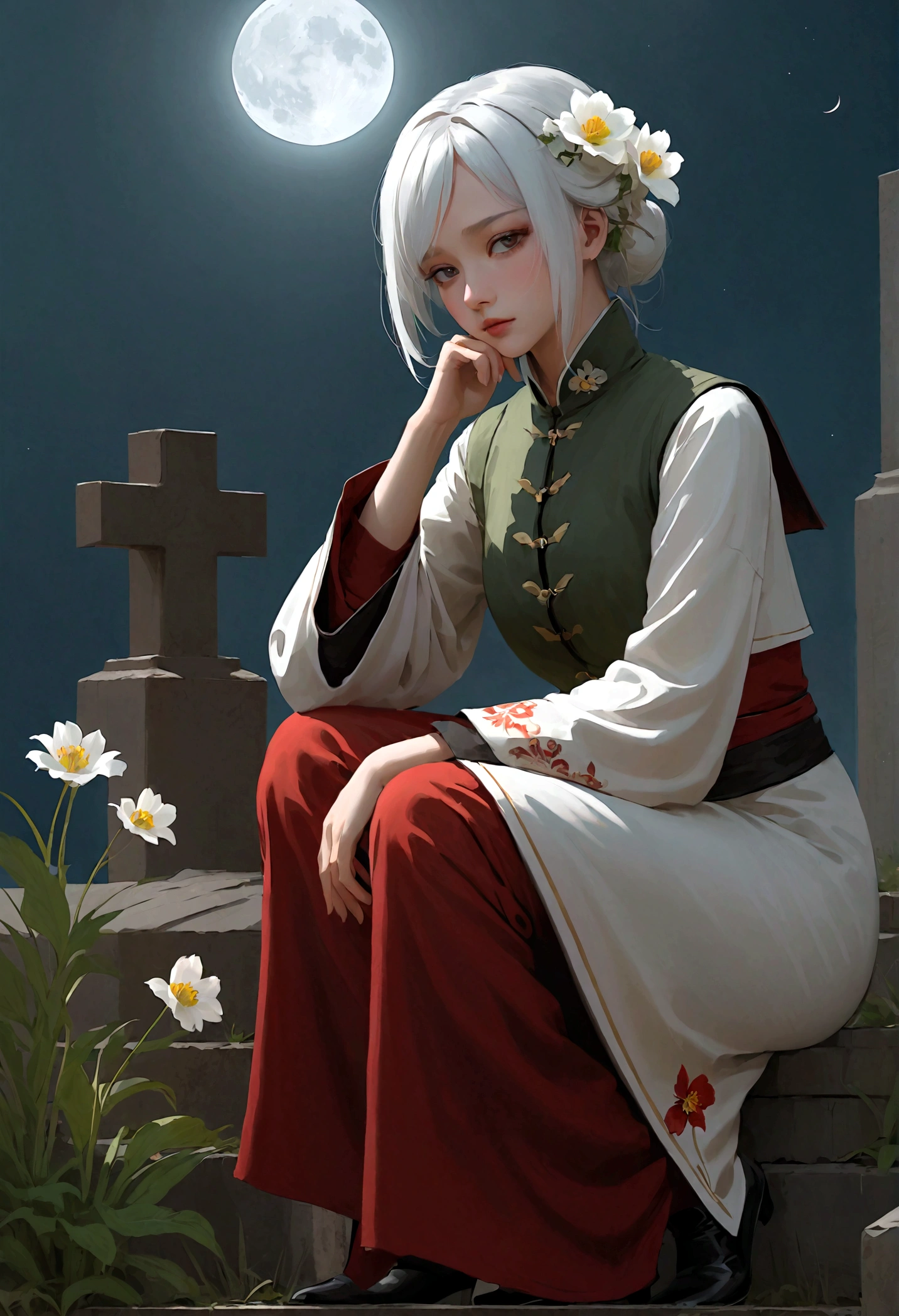 wasteland,非常可憐的女僕sit在石頭上思考,Disgusted look,Hand on cheek,(sit:1.2),wearing tattered clothing,Goethe,moss,A small white flower,cemetery,Blood red moon,Goethe元素,cold,gloomy