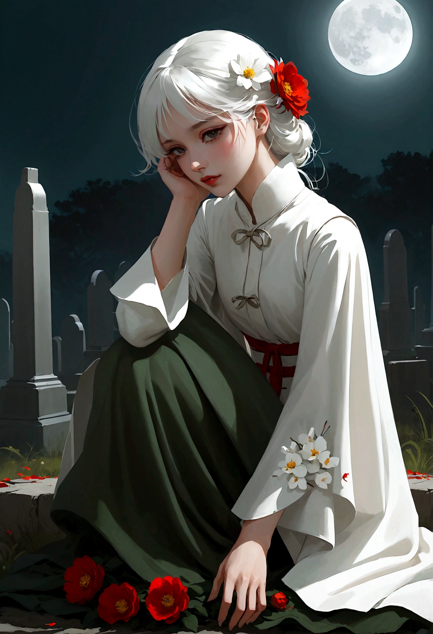 wasteland,非常可憐的女僕sit在石頭上思考,Disgusted look,Hand on cheek,(sit:1.2),wearing tattered clothing,Goethe,moss,A small white flower,cemetery,Blood red moon,Goethe元素,cold,gloomy