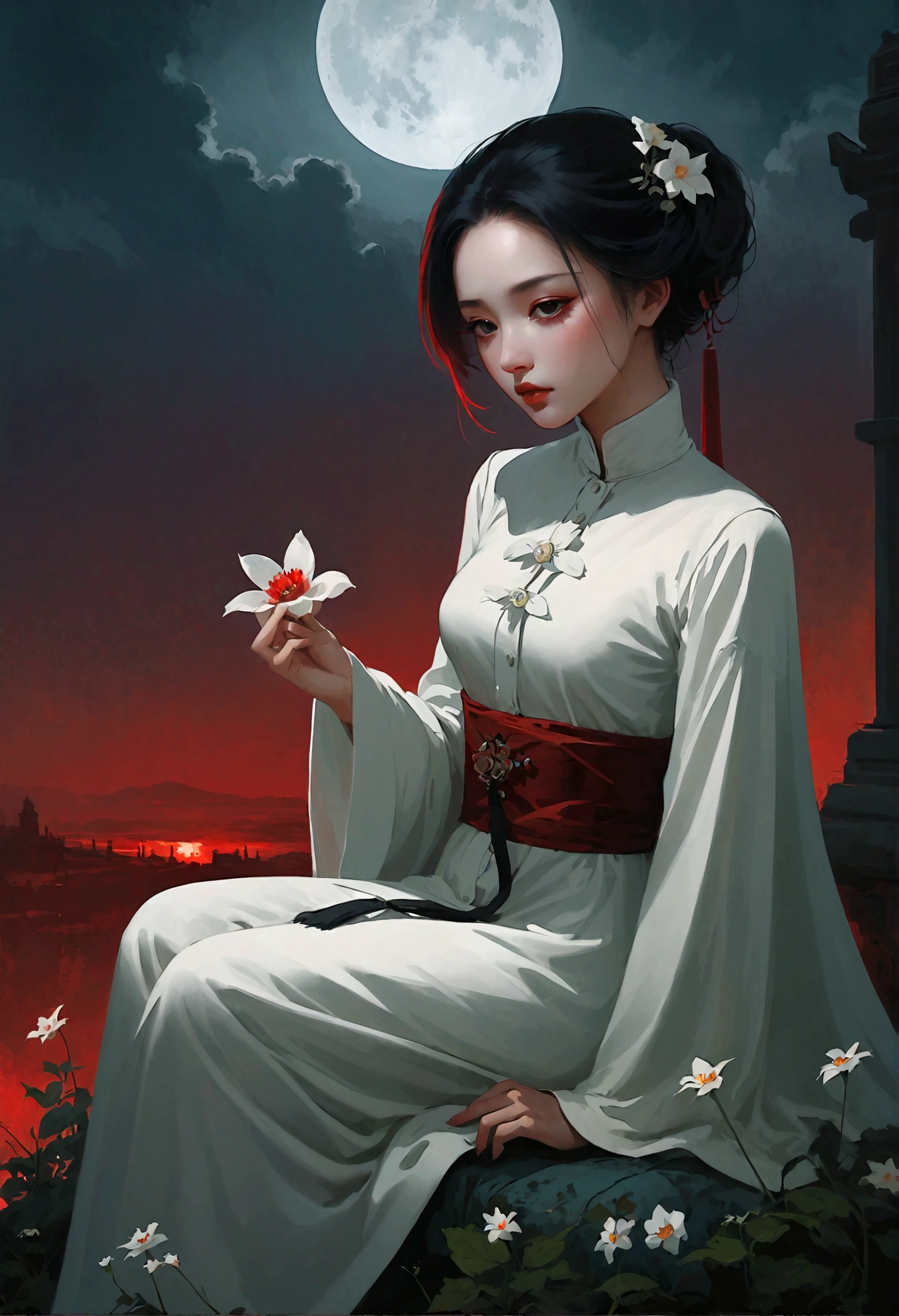 wasteland，非常可憐的女僕sit在石頭上思考，Disgusted look，Hand on cheek，(sit:1.2)，wearing tattered clothing，Goethe，moss，A small white flower，cemetery，Blood red moon，Goethe元素，cold，gloomy