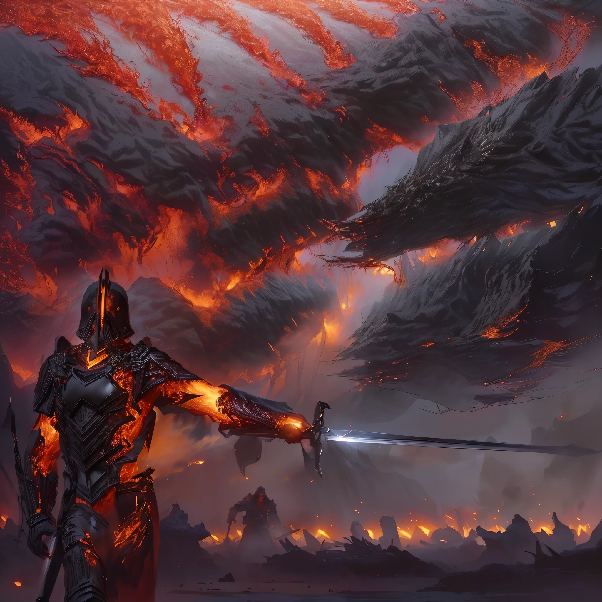 A man wearing a coat、Man holding a sword walking on the battlefield，Epic fantasy art style，epic beautiful art，Medieval style，Epic RPG Portrait，Stunning character art，fighting background，Wide battlefield，Alone，Back，战场上一个男人的Back，The flames spread，The fire burst into the sky，The war is raging，wounded，Blood，weapons，Top quality，Best quality，masterpiece，The most detailed，rich and colorful，war