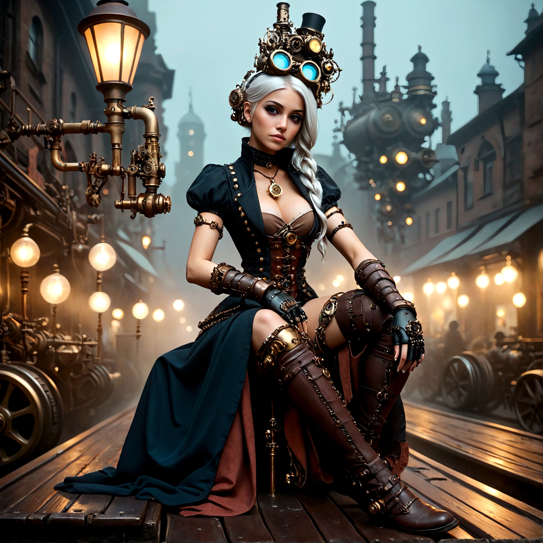 ((Masterpiece)), (Best Quality), (Cinematic),(Extremely detailed CG Unity 8k wallpaper), 1 girl, fit,Delicious company, small breasts,(no goggles on face)(very long silver hair),a stunning silver-haired steampunk woman who lost her forearm in an accident, but instead received a beautifully crafted fine and perfectly fitting robotic prosthesis(steampunk style)is sitting relaxed on the floor in front of dystopian steampunk scenery with machines and factories.and with this prosthesis she is showing us a sealed delicate poison glass vial with blue liquid in it in. hand-lower arm prosthesis made of brass and leather. She wears Victorian clothing made of fabric and leather and on her head a pair of decorative goggles, also made of brass and leather. The landscape is a little gloomy, but also impressive.,1 line drawing,form,Steampunk style