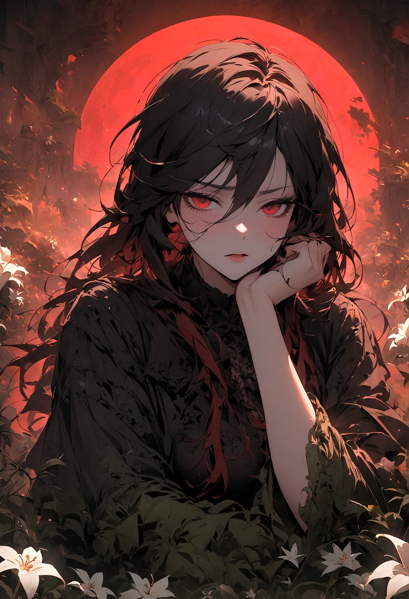 wasteland,非常可憐的女僕sit在石頭上思考,Disgusted look,Hand on cheek,(sit:1.2),wearing tattered clothing,Goethe,moss,A small white flower,cemetery,Blood red moon,Goethe元素,cold,gloomy