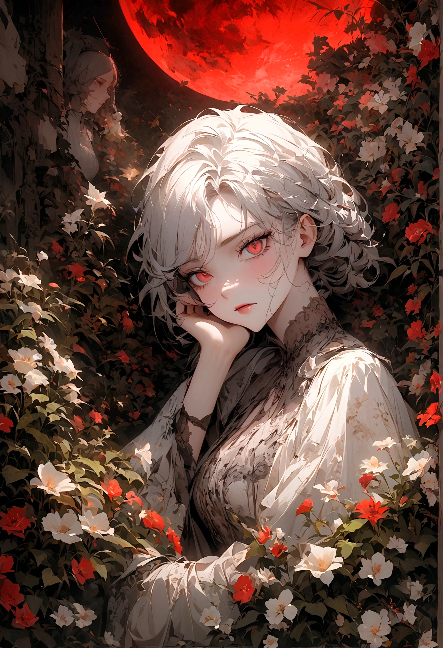 wasteland,非常可憐的女僕sit在石頭上思考,Disgusted look,Hand on cheek,(sit:1.2),wearing tattered clothing,Goethe,moss,A small white flower,cemetery,Blood red moon,Goethe元素,cold,gloomy
