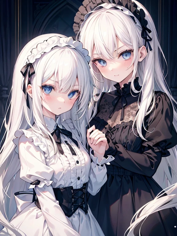 Tabletop, highest quality, (Perfect Face:1.1), (Attention to detail:1.1), (Ultra-detailed eyes), dramatic, Ultra-thin illustration, Very detailed, Two Girls, (Pale skin), (Medium White Hair), Psychic Eyes, blue eyes,We say, (Thin eyebrows),blush,alone, smile, Open your mouth,Pouting,Cinema Lighting, View Viewer,Cowboy Shot,Gothic ta, Frills, ribbon,Headdress, black,room,White Dress,blackいドレス