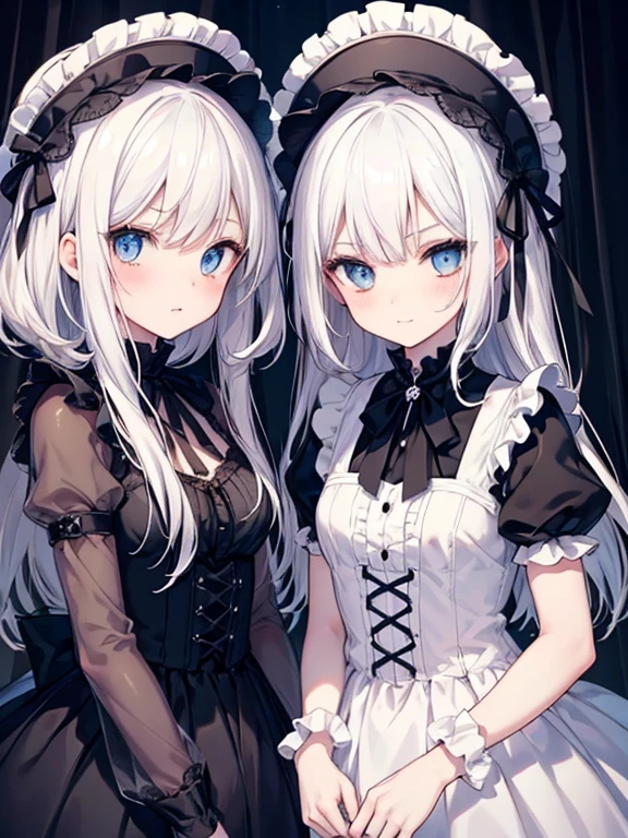 Tabletop, highest quality, (Perfect Face:1.1), (Attention to detail:1.1), (Ultra-detailed eyes), dramatic, Ultra-thin illustration, Very detailed, Two Girls, (Pale skin), (Medium White Hair), Psychic Eyes, blue eyes,We say, (Thin eyebrows),blush,alone, smile, Open your mouth,Pouting,Cinema Lighting, View Viewer,Cowboy Shot,Gothic Lolita, Frills, ribbon,Headdress, black,room,White Dress,blackいドレス