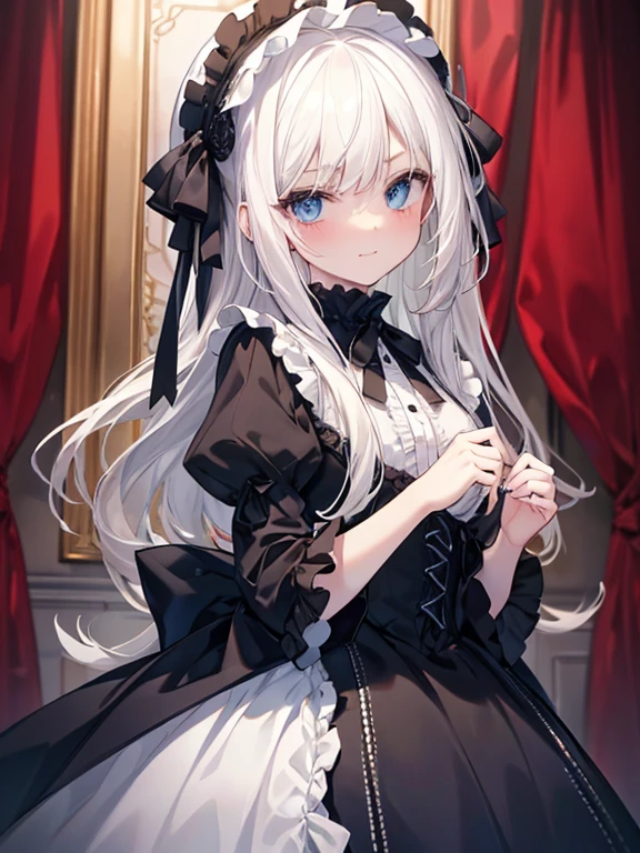 Tabletop, highest quality, (Perfect Face:1.1), (Attention to detail:1.1), (Ultra-detailed eyes), dramatic,  Ultra-thin illustration, Very detailed, Two Girls, (Pale skin), (Medium White Hair), Psychic Eyes, blue eyes,We say, (Thin eyebrows),blush,alone, smile, Open your mouth,Pouting,Cinema Lighting, View Viewer,Cowboy Shot,Gothic Lolita, Frills, ribbon,Headdress, black,room,White Dress,blackいドレス