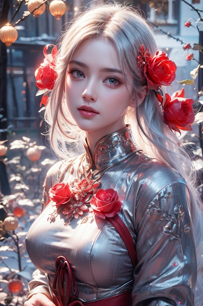 highest quality、8k Masterpiece、ultraA high resolution、(Photorealistic:1.3)、RAW Photos、1 girl、Silvery white hair、Glowing Skin、((Ultra-Realistic Details))、Portrait、Global Illumination、Shadow、Octane Rendering、8k、Super sharp、Metal、Cold colors、Very intricate details、Realistic Light、CGSoation Trend、Beautiful and shining eyes、Beautiful breasts、To the camera、Neon Details、Landscapes of unimaginable beauty、100Light of red lanterns、Swirl、Ninja in the center、female、sexy