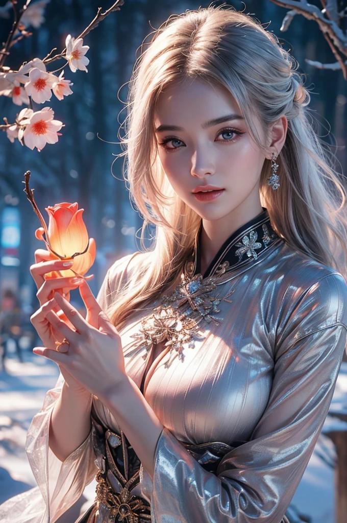 highest quality、8k Masterpiece、ultraA high resolution、(Photorealistic:1.3)、RAW Photos、1 girl、Silvery white hair、Glowing Skin、((Ultra-Realistic Details))、Portrait、Global Illumination、Shadow、Octane Rendering、8k、Super sharp、Metal、Cold colors、Very intricate details、Realistic Light、CGSoation Trend、Beautiful and shining eyes、Beautiful breasts、To the camera、Neon Details、Landscapes of unimaginable beauty、100Light of red lanterns、Swirl、Ninja in the center、female、sexy