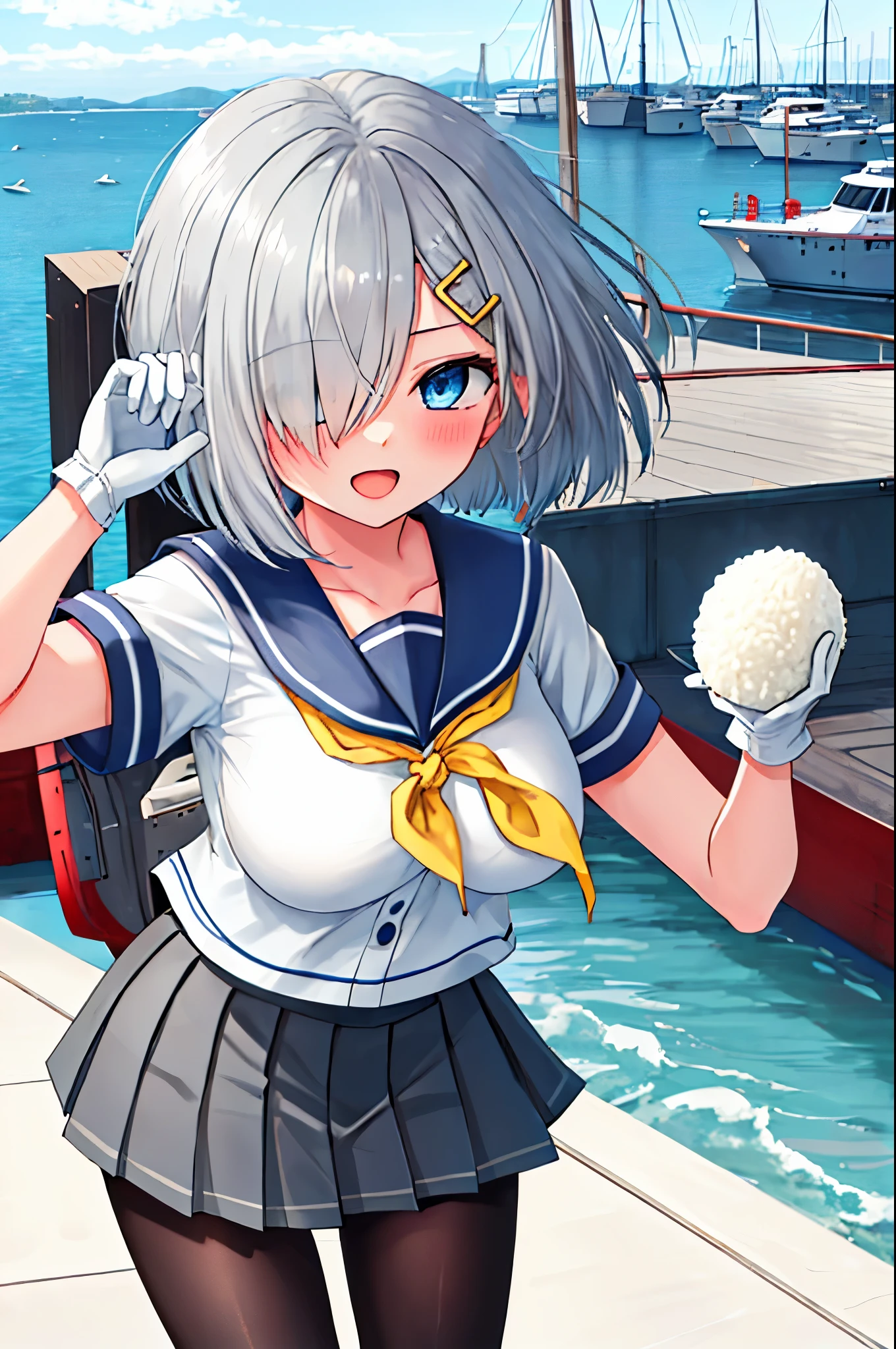 best quality, masterpiece, highres, solo, {hamakaze_kantaicollection:0.90}, 1girl, loli,younger_teen,black_pantyhose, pleated_skirt, serafuku, short_sleeves, simple_background, white_background, yellow_neckerchief, white_gloves, looking_at_viewer, grey_skirt, blush, eyes_visible_through_hair, blue_sailor_collar, dynamic_posing,long_bangs,hair_over_one_eye,harbor_school_background,outdoor,large_breasts,onigiri,riceball,girl_eating_riceball,happy,open_mouth,grab_a_riceball