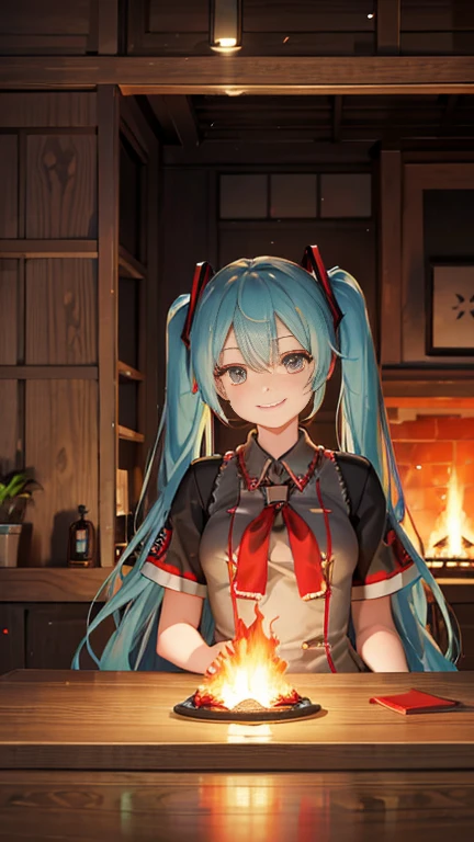 explotion, burning Honnoji Temple,NOBUNAGA Hatsune Miku, mountain of decorated cake in the kitchen, very pleased smile,fire