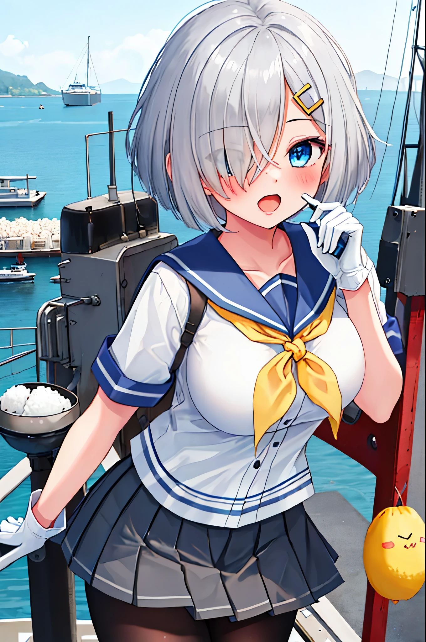 best quality, masterpiece, highres, solo, {hamakaze_kantaicollection:0.90}, 1girl, li,younger_telack_pantyhose, pleated_skirt, serafuku, short_sleeves, simple_background, white_background, yellow_neckerchief, white_gloves, looking_at_viewer, grey_skirt, blush, eyes_visible_through_hair, blue_sailor_collar, dynamic_posing,long_bangs,hair_over_one_eye,harbor_school_background,outdoor,large_breasts,onigiri,riceball,girl_eating_riceball,happy,open_mouth,grab_a_riceball